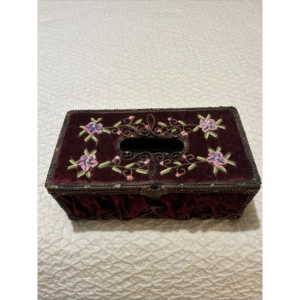 vintage burgundy velvet tissue box embroidered rectangular 10.5”x5.5”